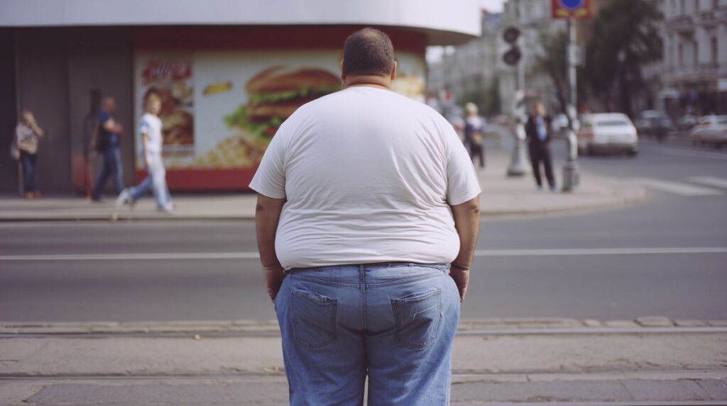 Una persona obesa attraversa la strada