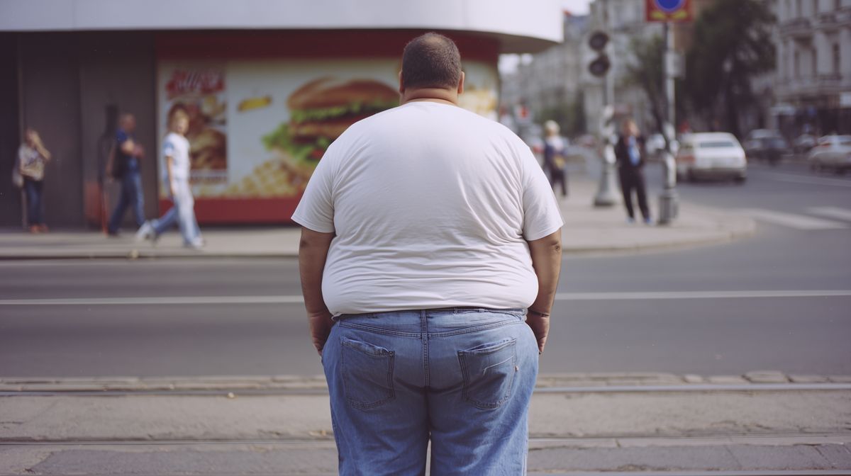 Una persona obesa attraversa la strada